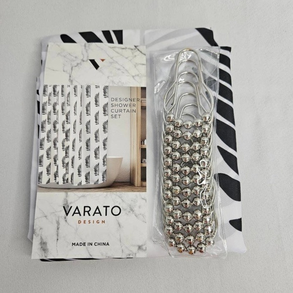 Varato Designer Shower Curtain Set 12‎ Metal Hooks Black White Palm Leaf Pattern - Picture 2 of 4